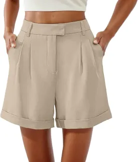 Shorts for Women Dressy Casual Summer Elastic Waist in The Back Pleated Wide Leg Tailored Work Trouser Shorts