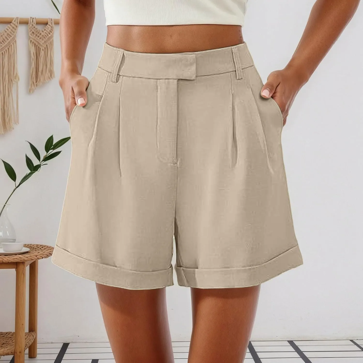 Shorts for Women Dressy Casual Summer Elastic Waist in The Back Pleated Wide Leg Tailored Work Trouser Shorts