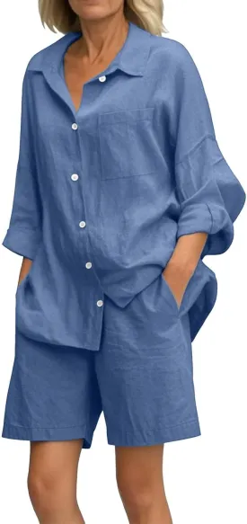Womens Button Down Short Sleeve Shirts Summer Cotton Linen Top Blouses and High Waist Loose Pocket Shorts Jumpsuits