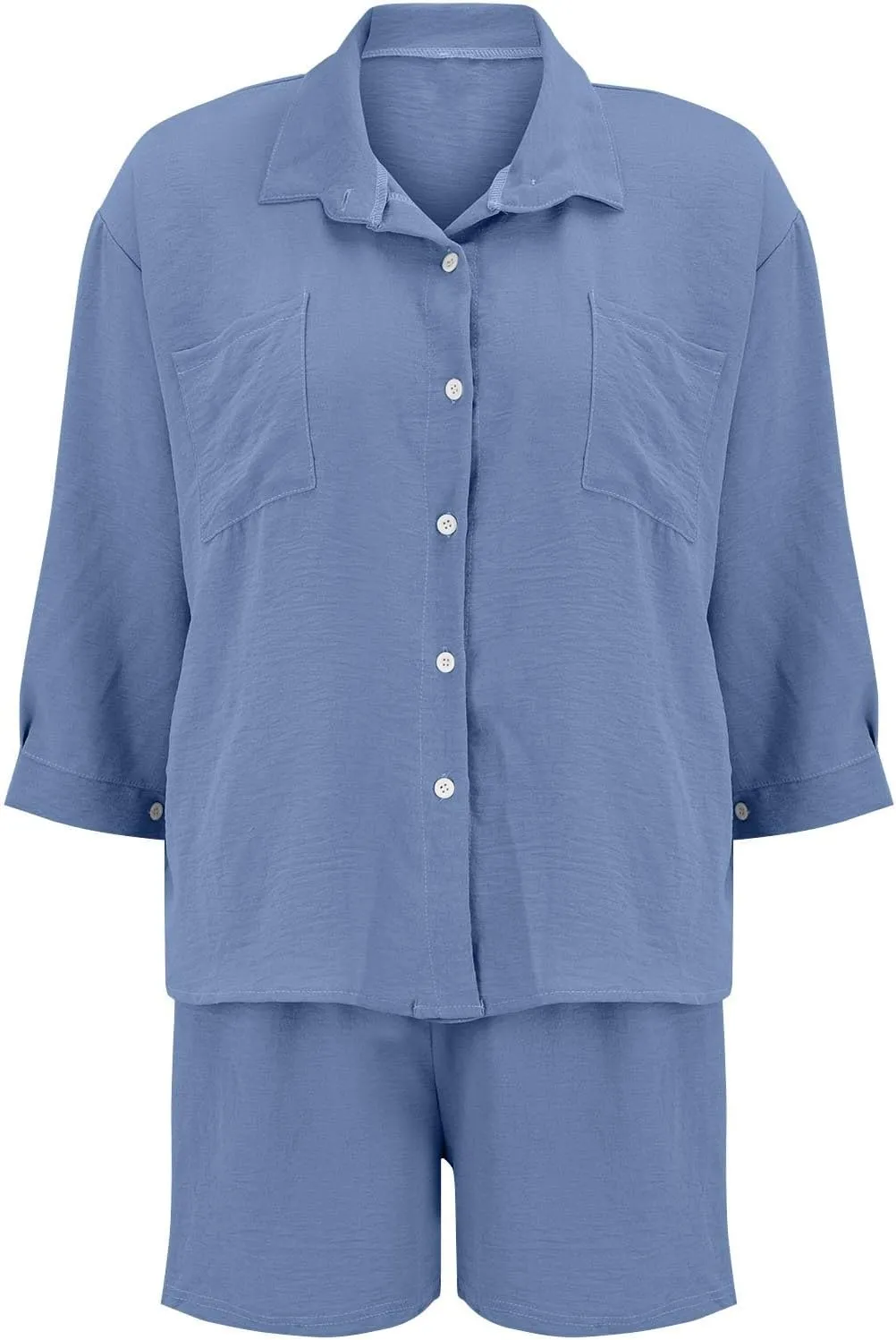 Womens Button Down Short Sleeve Shirts Summer Cotton Linen Top Blouses and High Waist Loose Pocket Shorts Jumpsuits